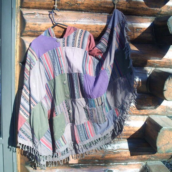 NWOT Jayli Hippie Cotton Stone Washed Patchwork Unisex Fringe Hoodie Poncho OS - Picture 3 of 3